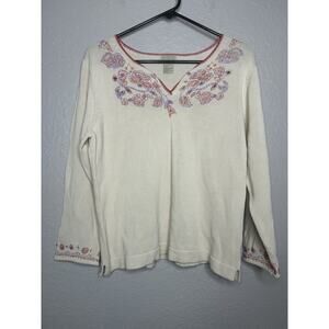 Sigrid Olsen Cotton Blend Beaded Floral Cream Sweater V Neck Vintage Size XL
